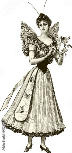 butterfly woman disguise vintage illustration with transparent background