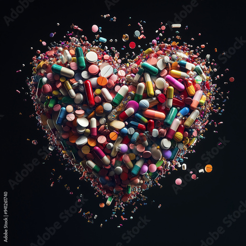 A photorealistic image of a heart made entirely of various pills and capsules against a black background, symbolizing the impact of medications on the heart and overall health.