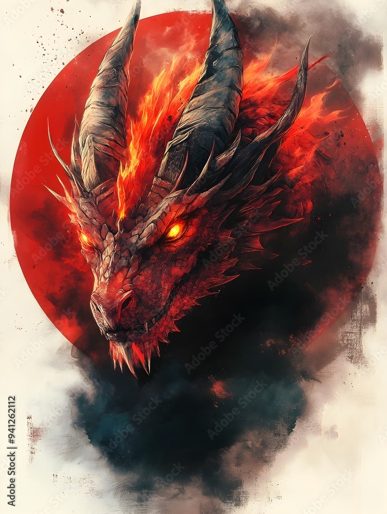 Fiery Red Dragon Face Emerging from Smoky Darkness in Digital Fantasy Art Fiery Red Dragon Face Emerging from Smoky Darkness in Digital Fantasy Art