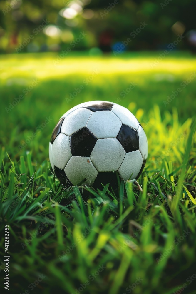Fototapeta premium A black and white soccer ball resting on lush green grass