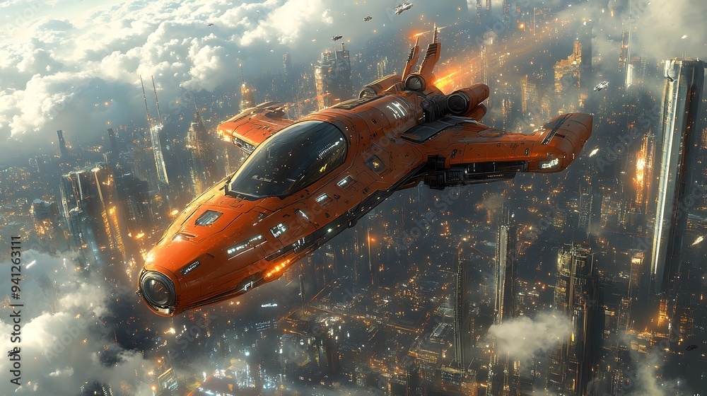 Powerful Mecha Engaging in Aerial Maneuvers Over Futuristic Cityscape