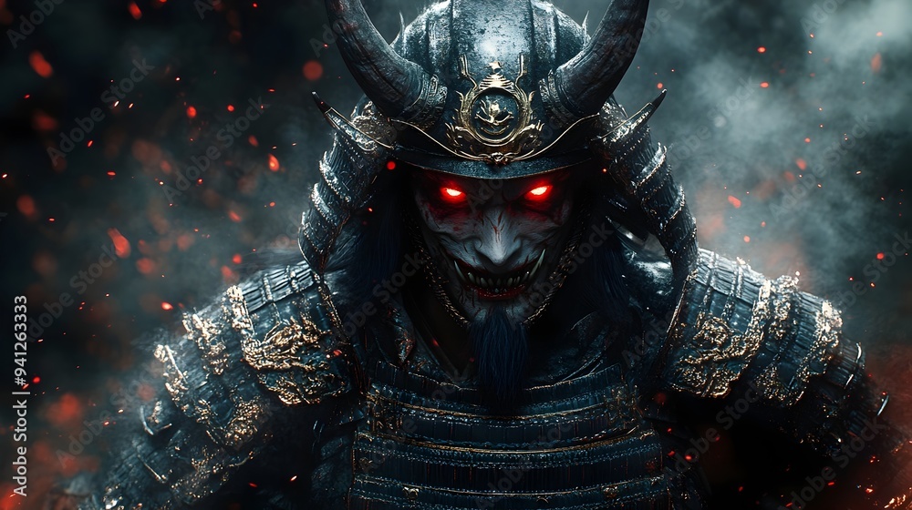 Fototapeta premium Fierce Demon Samurai Warrior in Ornate Traditional Armor with Glowing Red Eyes
