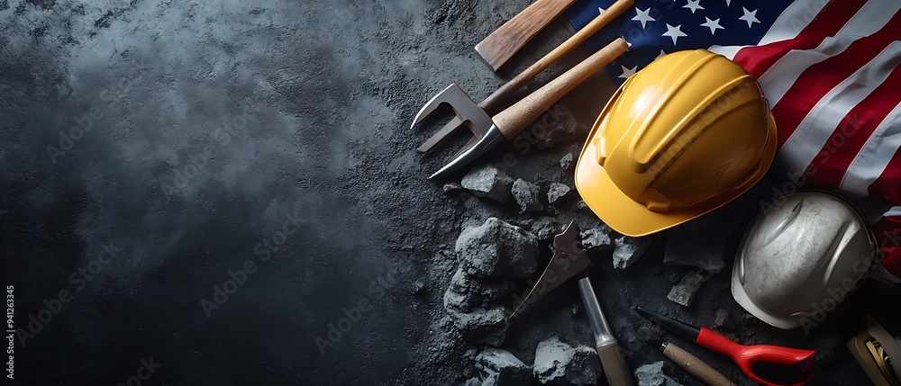 Assorted construction tools with American flag on rugged surface, labor and patriotism Assorted construction tools with American flag on rugged surface, labor and patriotism