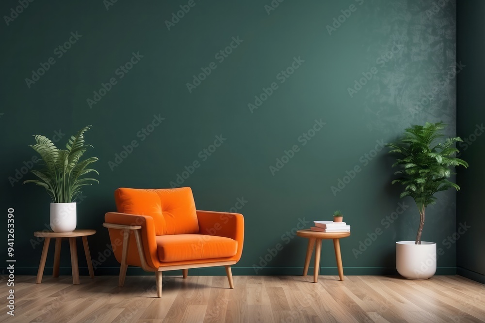 Orange Armchair with Green Wall and Plants Orange Armchair with Green Wall and Plants