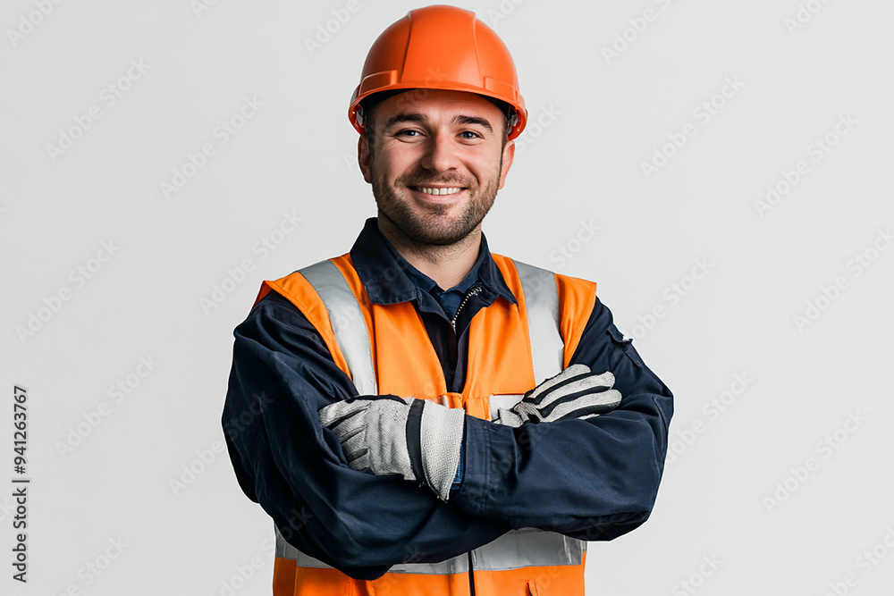 Worker wearing hard hat smiling positively Worker wearing hard hat smiling positively