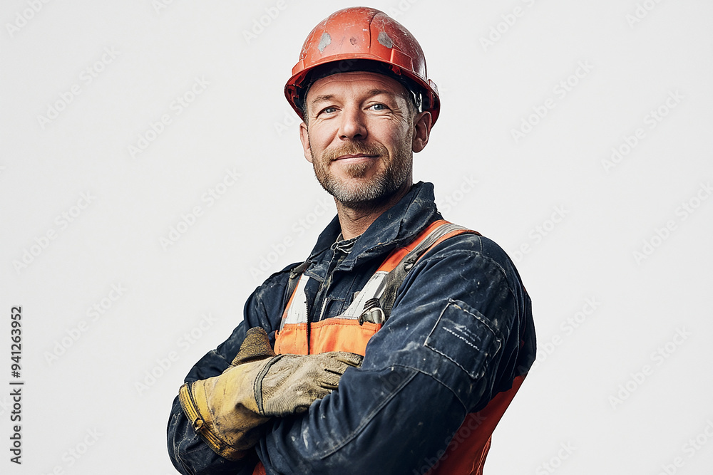 Worker wearing hard hat smiling positively Worker wearing hard hat smiling positively