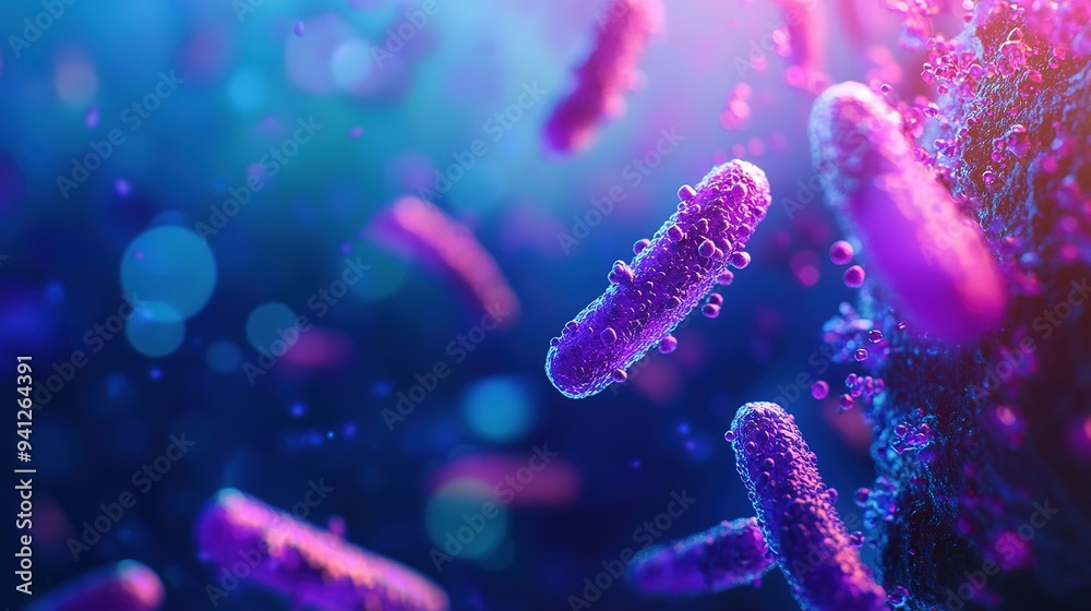 Colorful microscopic bacteria display in vibrant environment showcasing their intricate structures and biological activity Colorful microscopic bacteria display in vibrant environment showcasing their intricate structures and biological activity