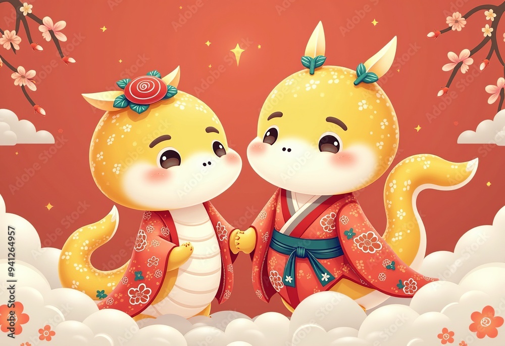 Cute Serpent Pair in Japanese Attire: Festive New Year Graphics for the Year of the Snake Cute Serpent Pair in Japanese Attire: Festive New Year Graphics for the Year of the Snake