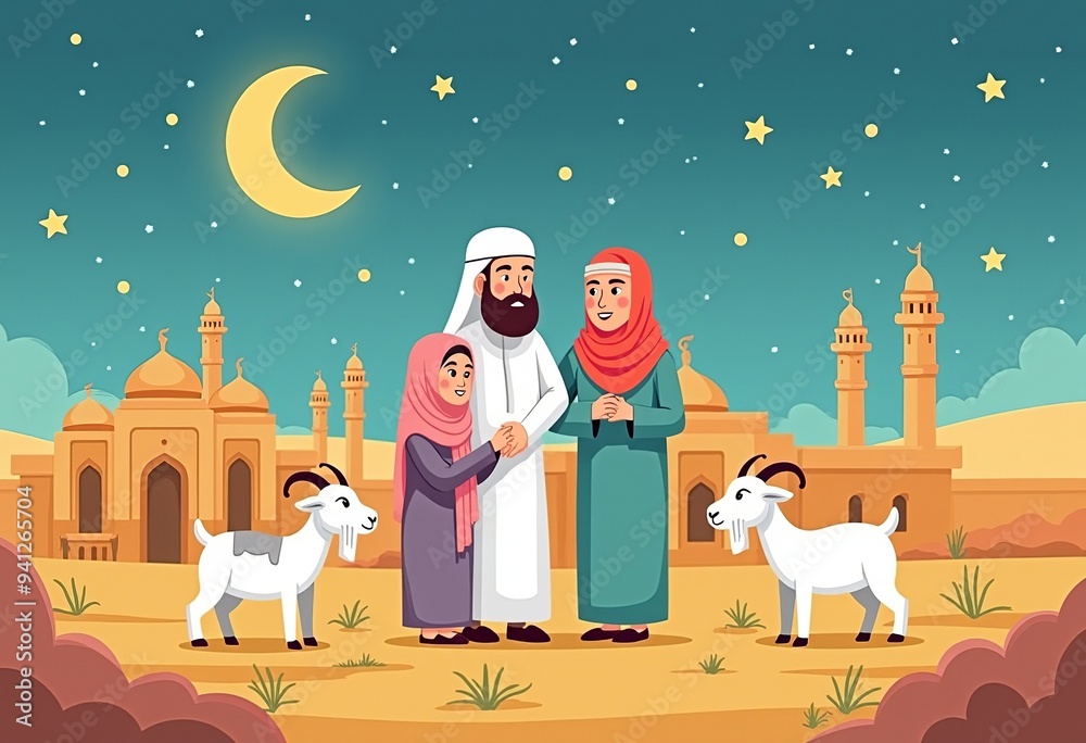 Naklejka premium Muslim Family Eid al-Adha Illustration: Perfect for Greeting Cards, Posters, and Social Media