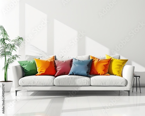 Colorful throw pillows on a white sofa in a modern living room with minimalist decor