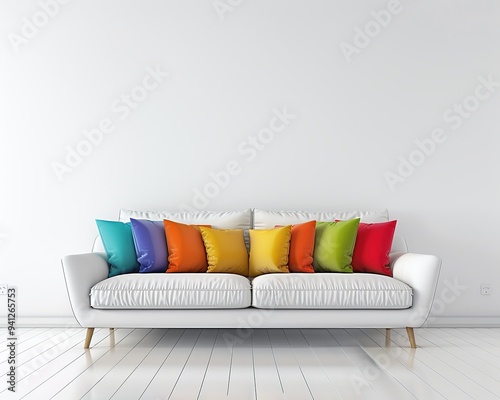 Colorful throw pillows on a white sofa in a modern living room with minimalist decor