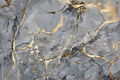 Grey Marble ink with golden lines. Marble ink abstract art from exemplary original painting abstract background