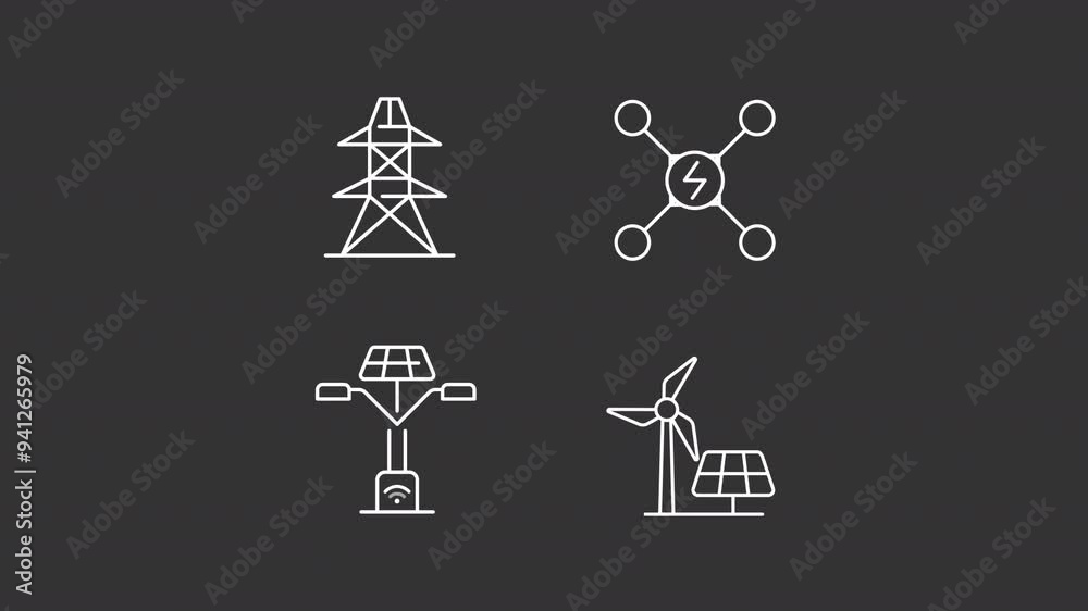 Energy system white line animations. Animated icons related to electricity. Transmission tower. Smart energy grid. Black illustrations on white background. HD video with alpha channel. Motion graphic Energy system white line animations. Animated icons related to electricity. Transmission tower. Smart energy grid. Black illustrations on white background. HD video with alpha channel. Motion graphic