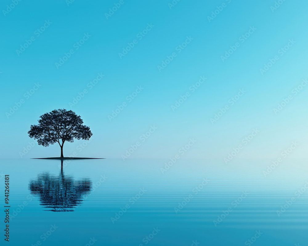 A serene landscape featuring a solitary tree reflected in calm waters under a clear blue sky, evoking tranquility and peace. A serene landscape featuring a solitary tree reflected in calm waters under a clear blue sky, evoking tranquility and peace.