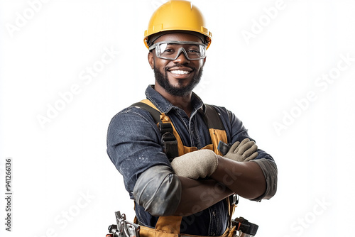 Worker wearing hard hat smiling positively