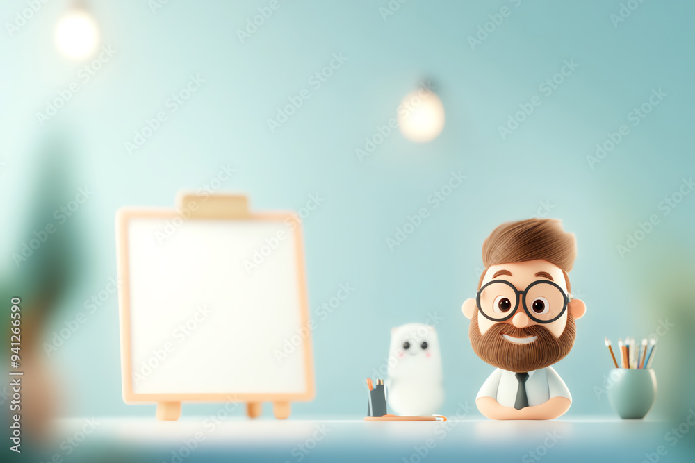 Obraz premium Cheerful character artist with glasses beside a cute owl and an empty canvas, creating an inviting and creative workspace.