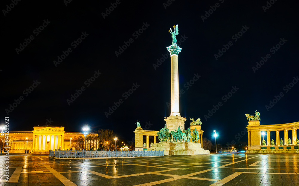The colonnade and the pillar of the Millennium Monument on Heroes Sqaure and Fine Arts Museum, Budapest, Hungary