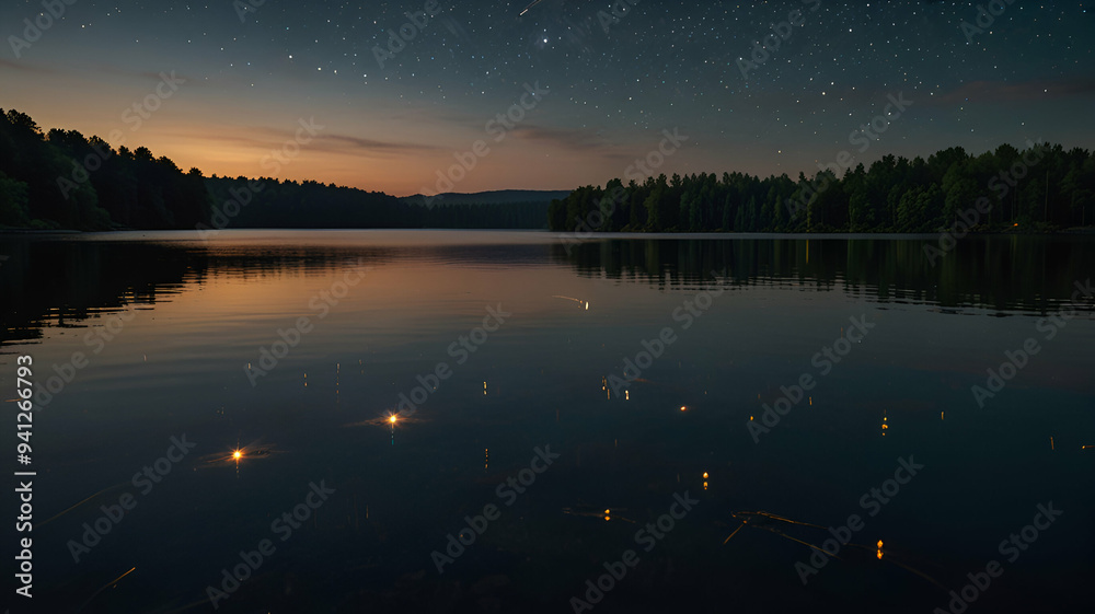 A crescent moon rising over a calm lake, with fireflies glowing softly in the foreground. Background A crescent moon rising over a calm lake, with fireflies glowing softly in the foreground. Background