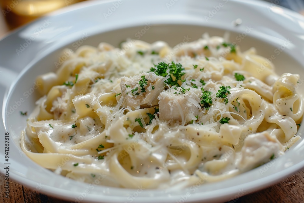 Creamy fettuccine Alfredo topped with tender chicken, fresh parsley, and grated Parmesan cheese, served in a bowl