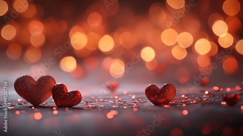 Colorful hearts floating in the air create a dreamy atmosphere filled with warmth and love during a romantic evening photo