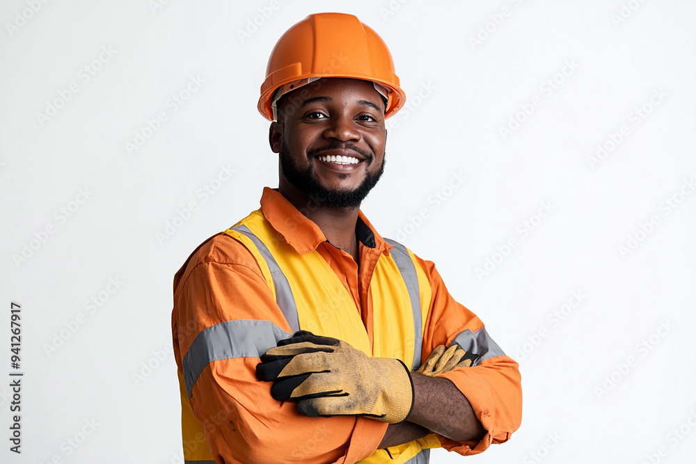 Worker wearing hard hat smiling positively Worker wearing hard hat smiling positively