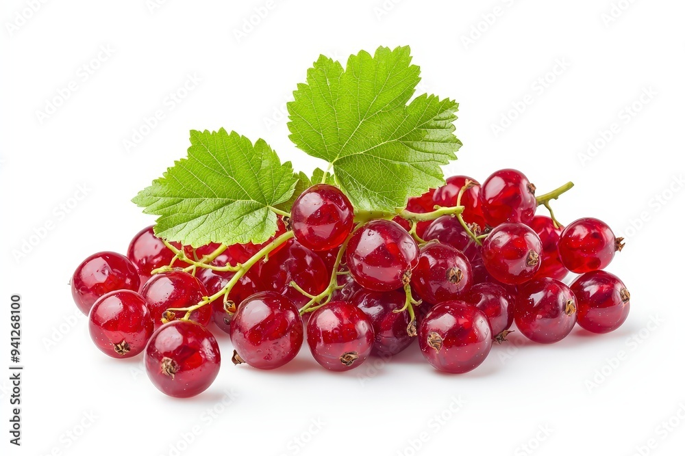 A cluster of fresh red currants with green leaves on a white background. A cluster of fresh red currants with green leaves on a white background.