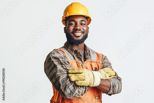 Worker wearing hard hat smiling positively