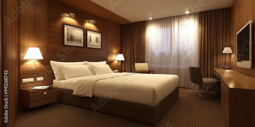 Hotel Room Decorated in Modern Style: Hotel room featuring wood paneling, recessed lighting