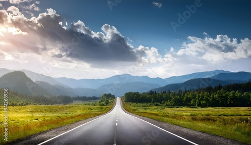 Empty Asphalt Road leading to Horizon jungle and Mountains in Background 