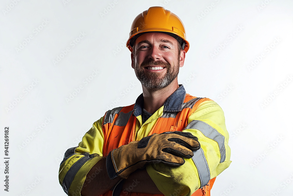 Worker wearing hard hat smiling positively Worker wearing hard hat smiling positively