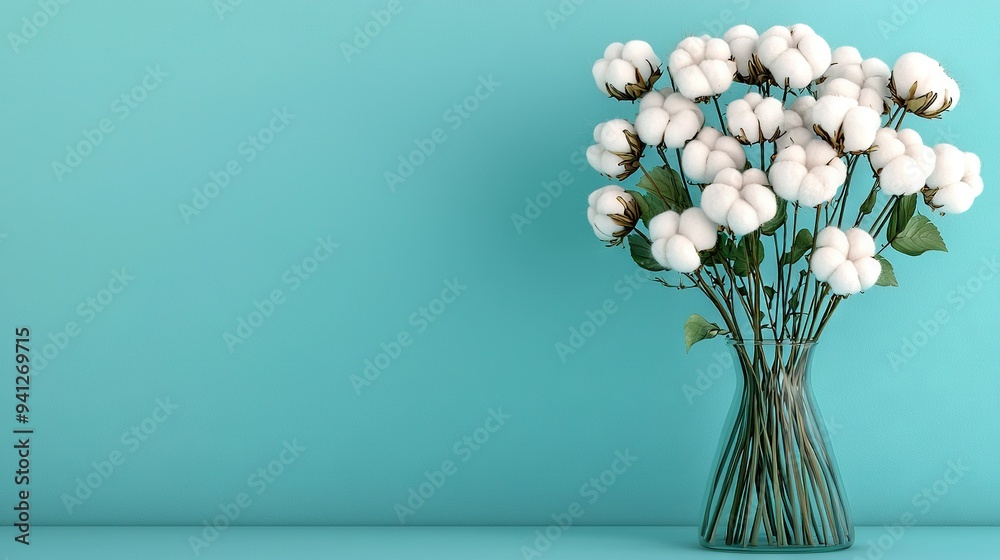 A vase with white cotton flowers sits atop a blue table, adjacent to a blue wall and a blue backdrop A vase with white cotton flowers sits atop a blue table, adjacent to a blue wall and a blue backdrop