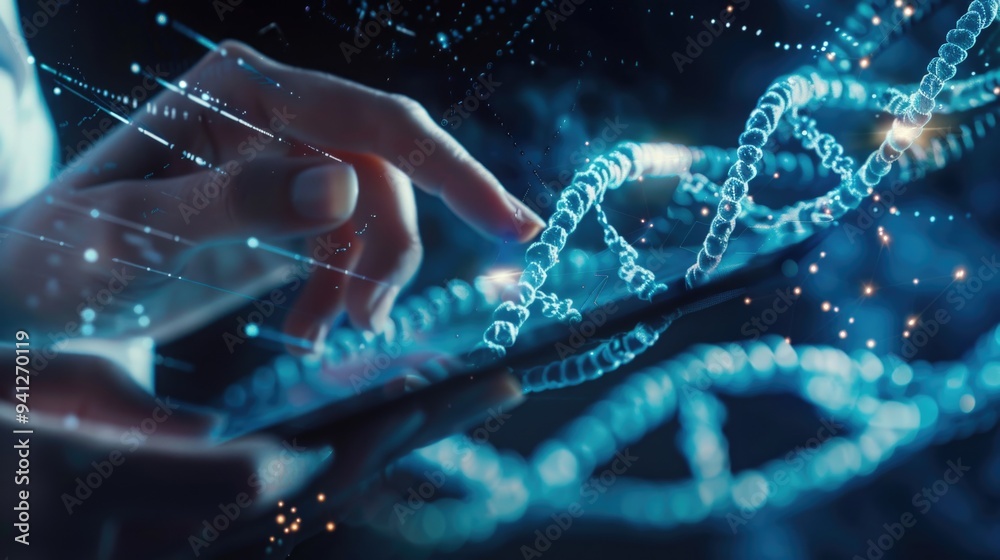 A person holds a cell phone near a strand of DNA, conveying the intersection of technology and genetics A person holds a cell phone near a strand of DNA, conveying the intersection of technology and genetics