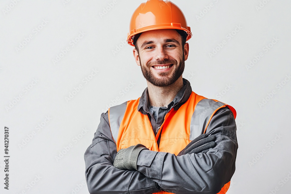Worker wearing hard hat smiling positively Worker wearing hard hat smiling positively