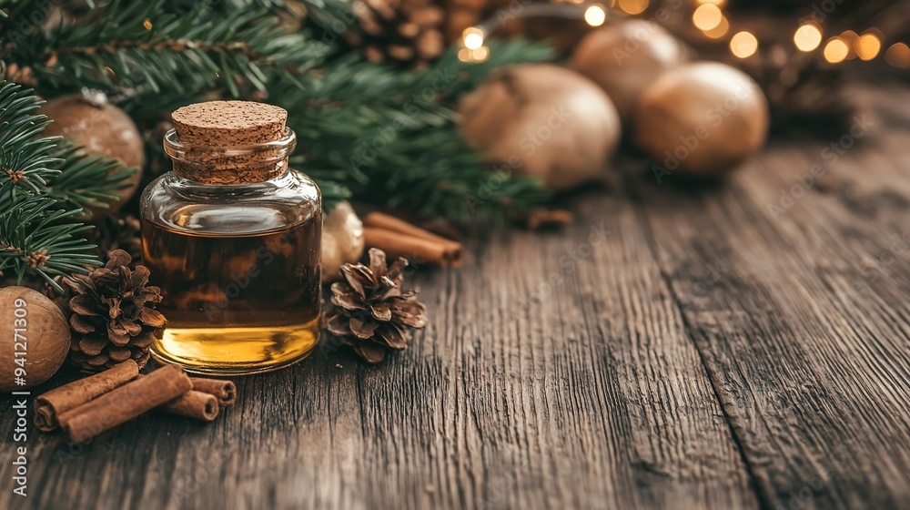 A bottle of essential oil sits next to a pine cone, cinnamon, and Christmas decorations on a wooden table A bottle of essential oil sits next to a pine cone, cinnamon, and Christmas decorations on a wooden table