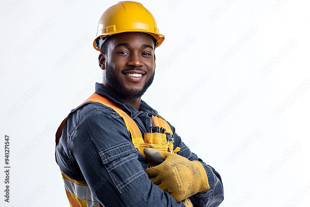 Worker wearing hard hat smiling positively Worker wearing hard hat smiling positively