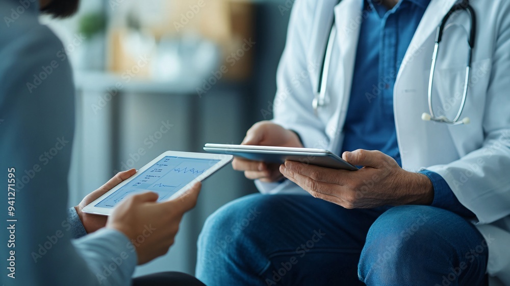 A doctor explaining a treatment plan to a patient using a tablet