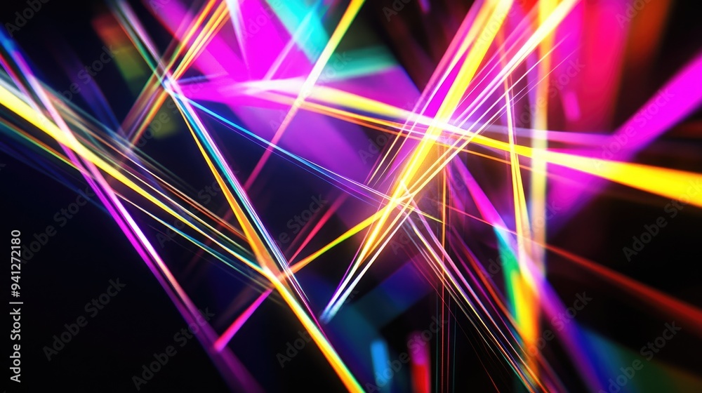 3D illustration of intersecting multicolored light lines creating triangular shapes with a blurred sense of motion resulting in a unique abstract design against a black backdrop 3D illustration of intersecting multicolored light lines creating triangular shapes with a blurred sense of motion resulting in a unique abstract design against a black backdrop