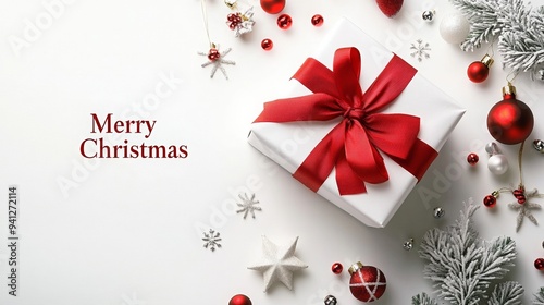 White Christmas gift with a red ribbon surrounded by red and silver ornaments and pine branches, with a 