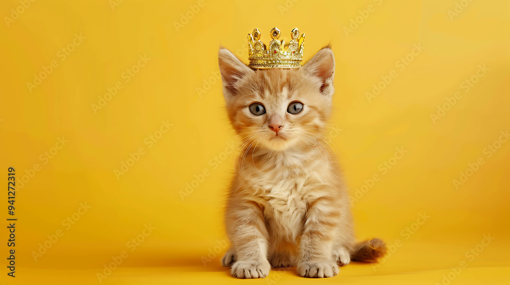 A cute orange kitten wearing a golden crown sits on a yellow background. A cute orange kitten wearing a golden crown sits on a yellow background.