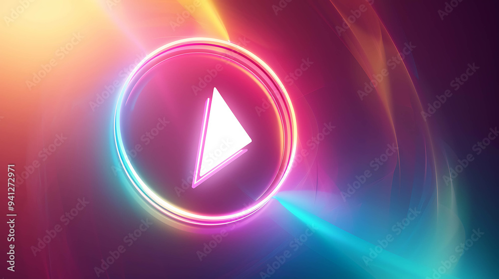 A glowing play button with a neon light effect.