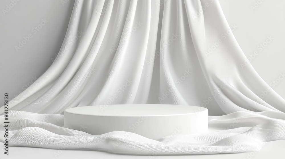 3D render of a white podium for product display placed on smooth white satin fabric