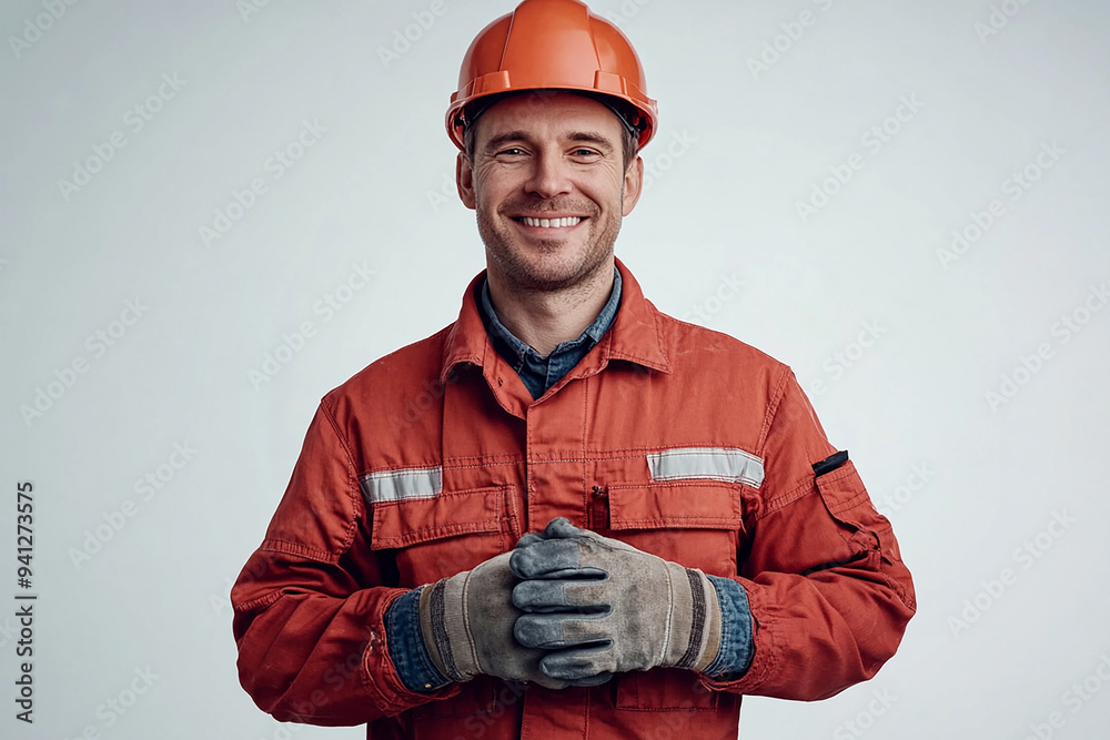 Worker wearing hard hat smiling positively Worker wearing hard hat smiling positively