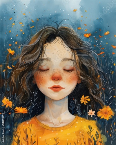 a girl closed her eyes, with flowers in her imagination, watercolour illustration, whimsical, interesting, simple, pretty, sweet, adorable photo