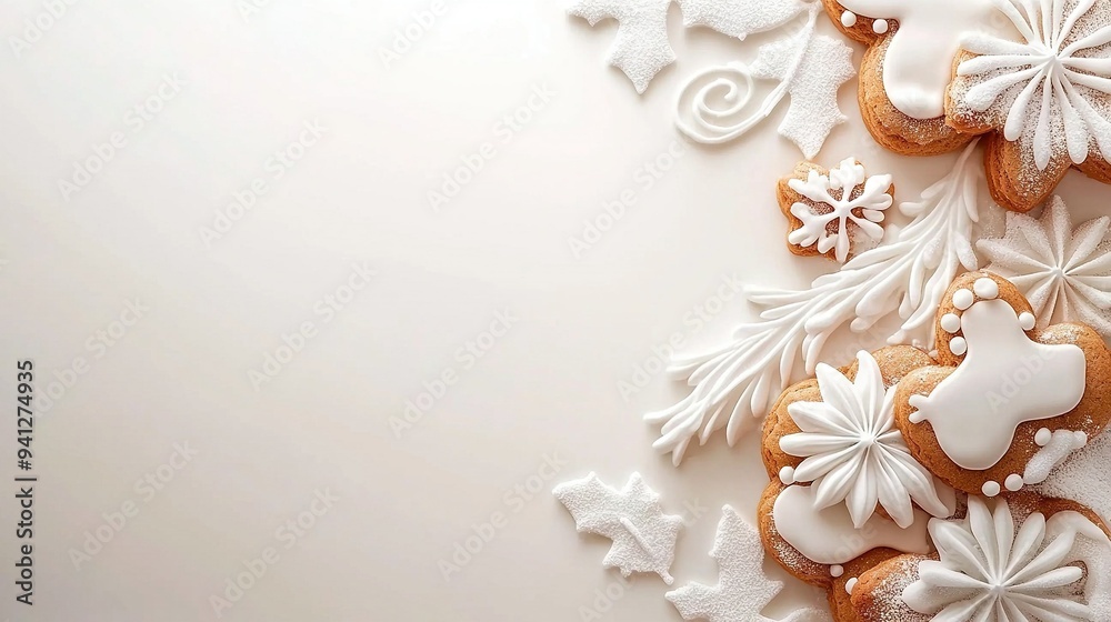   A macro shot of several cookies on a clean white background with snowflakes scattered around them
