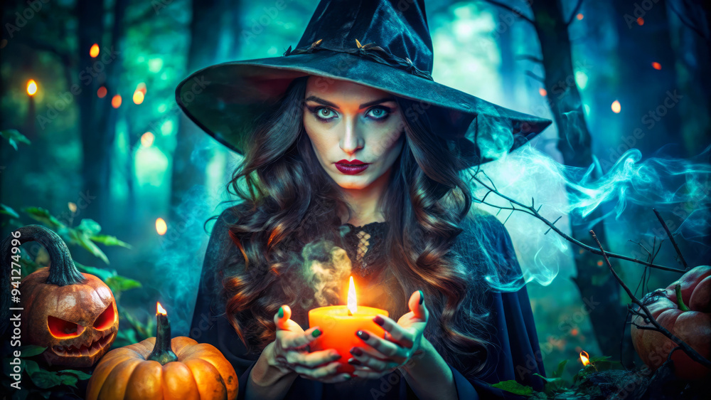 Mysterious Witch With A Candle In The Enchanted Forest. Mysterious Witch With A Candle In The Enchanted Forest.