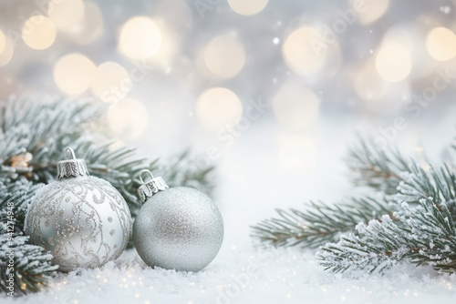 Silver Christmas ornaments on frosted pine branches resting on snow with a soft bokeh background photo