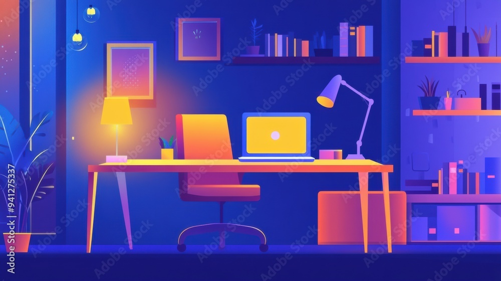 Fototapeta premium A desk with a laptop and lamp on it in an office, AI