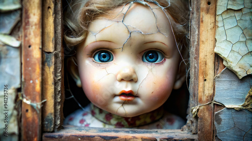 Creepy Vintage Doll Face Peeking Through Cracked Wall. photo