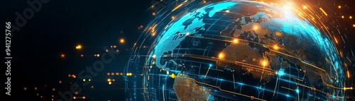 International freight forwarding, holographic globe with cargo routes, bright blue and gold accents, high-tech global logistics