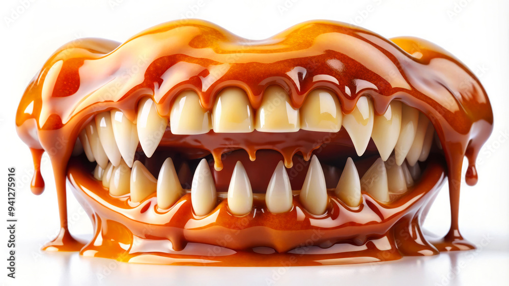 Caramel Dripping Over Sharp Teeth. Halloween Concept. Caramel Dripping Over Sharp Teeth. Halloween Concept.